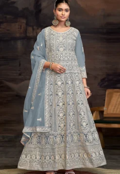 Embroidered Net Abaya Style Suit in Sky Blue