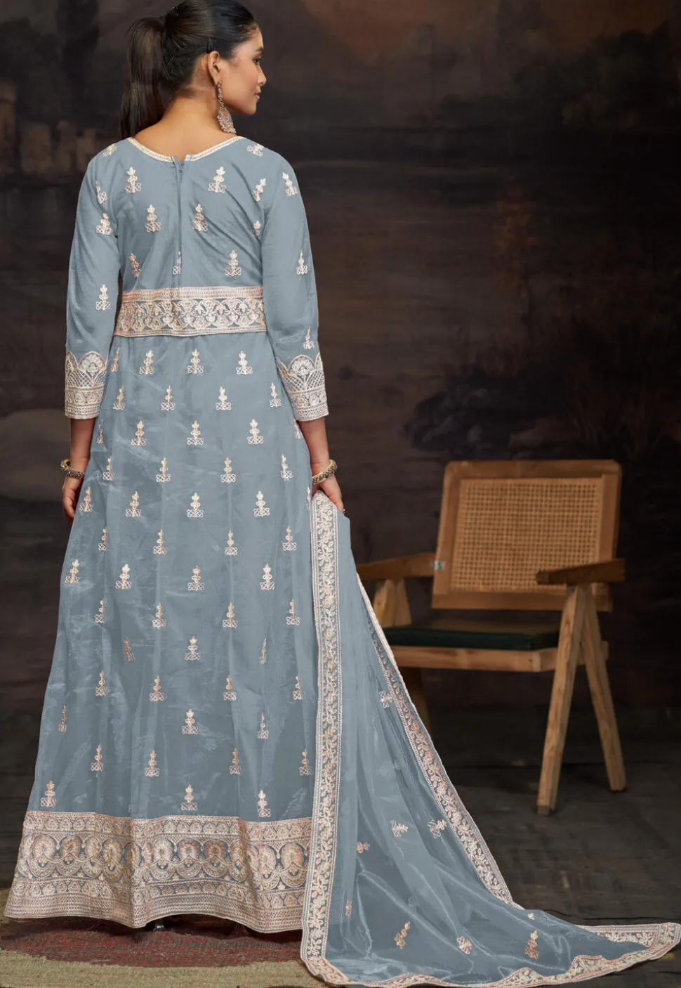 Embroidered Net Abaya Style Suit in Sky Blue