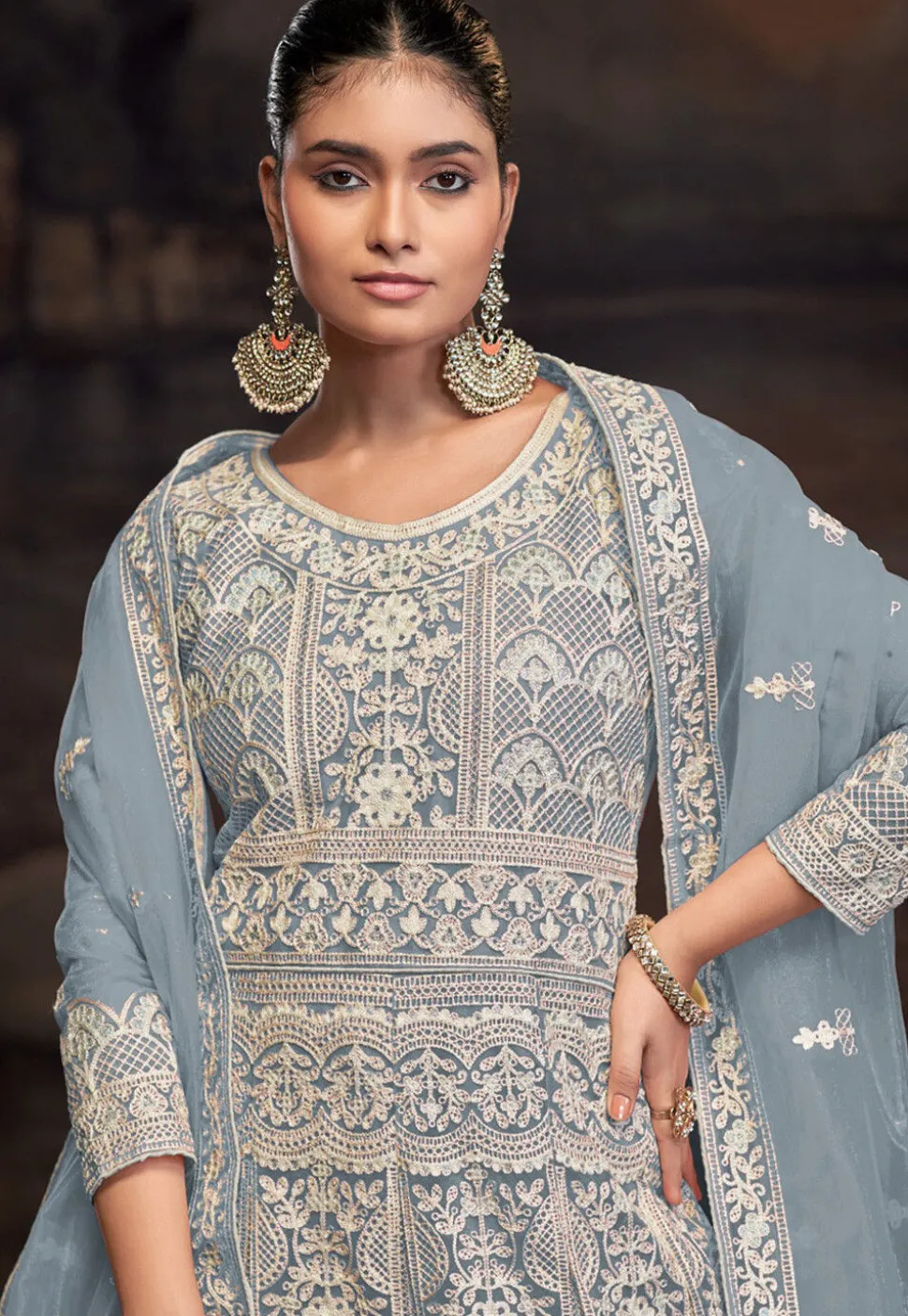 Embroidered Net Abaya Style Suit in Sky Blue