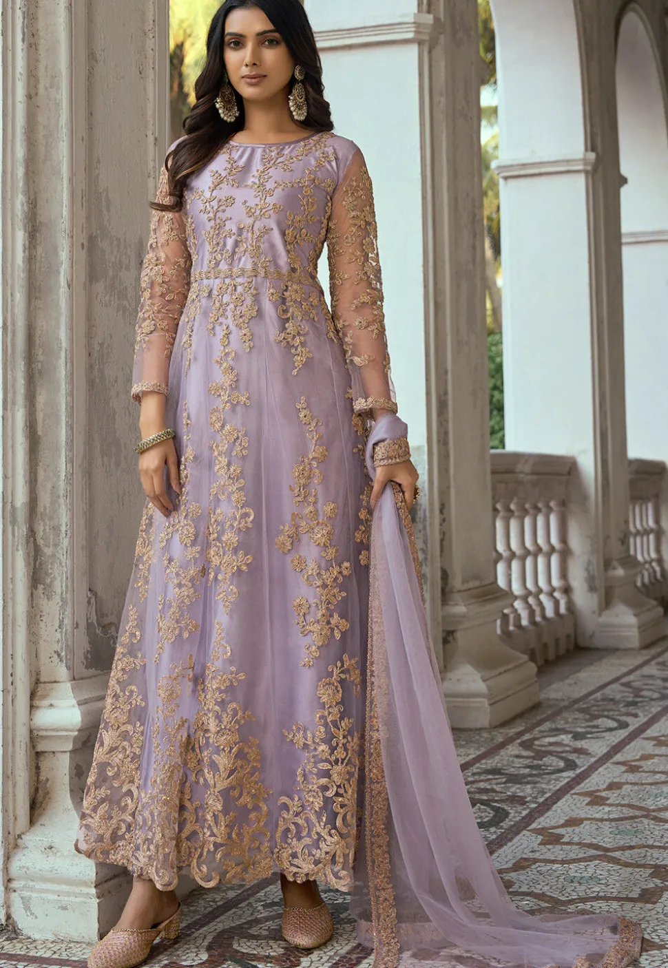 Embroidered Net Abaya Style Suit in Light Purple