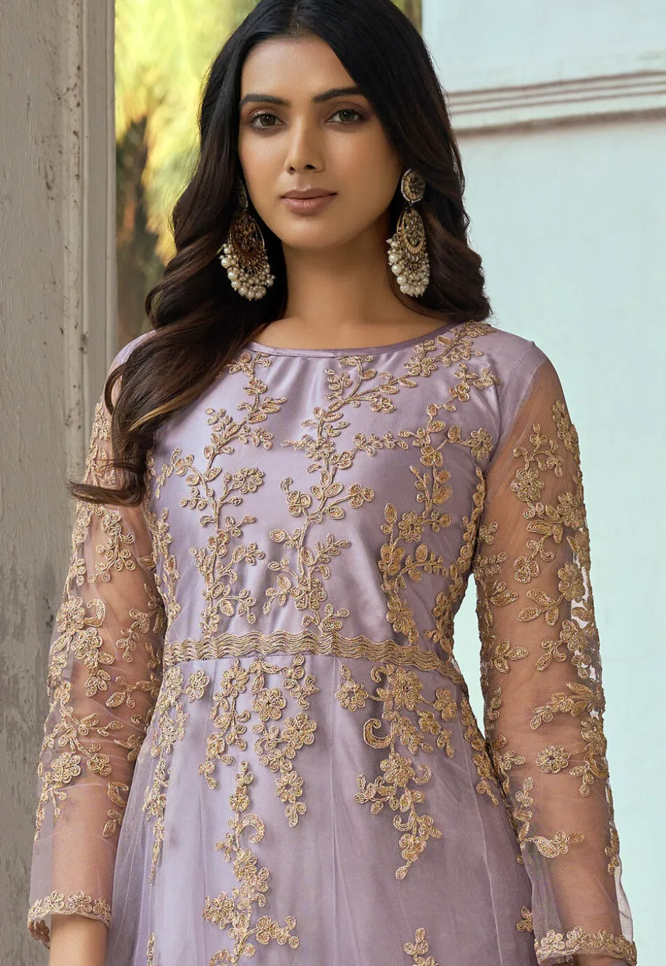 Embroidered Net Abaya Style Suit in Light Purple