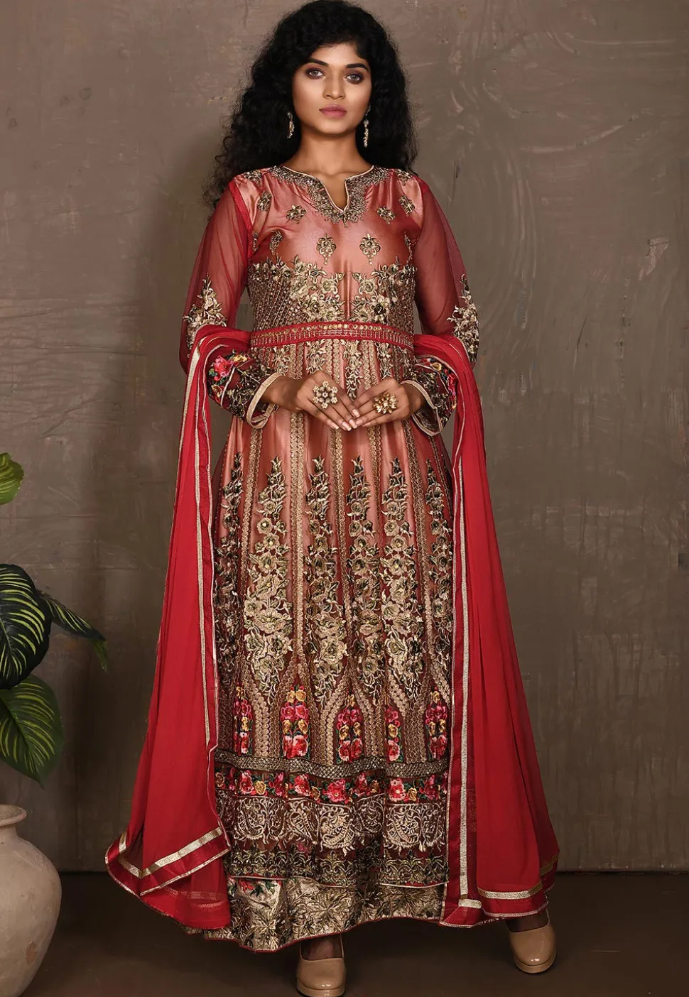 Embroidered Net Abaya Style Suit in Red