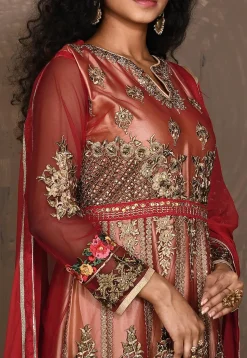 Embroidered Net Abaya Style Suit in Red