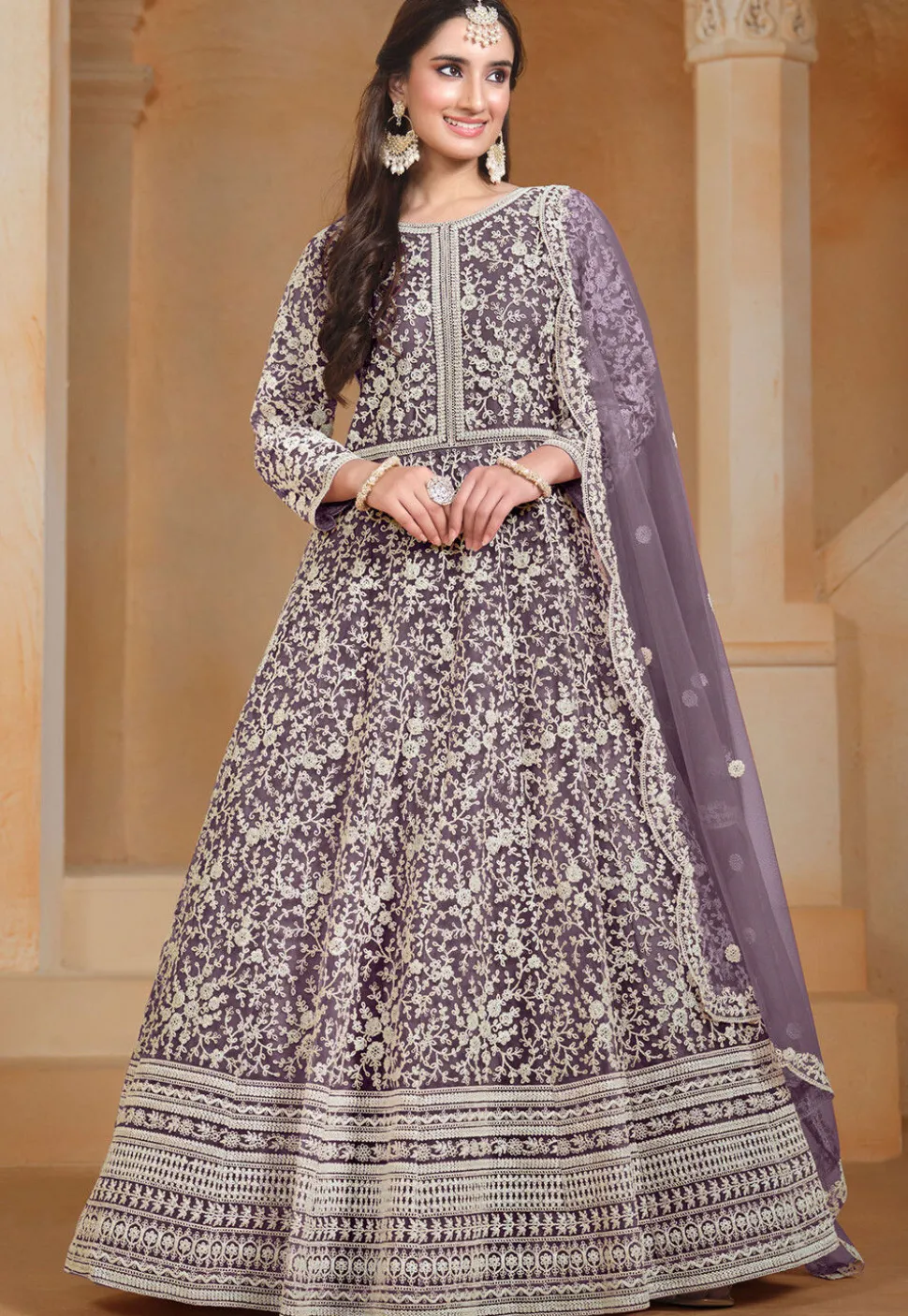 Embroidered Net Abaya Style Suit in Purple