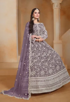 Embroidered Net Abaya Style Suit in Purple