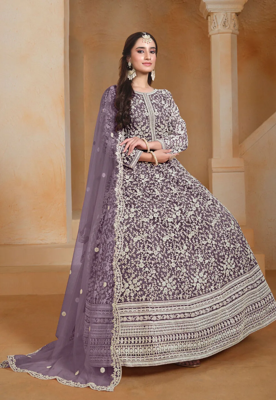 Embroidered Net Abaya Style Suit in Purple