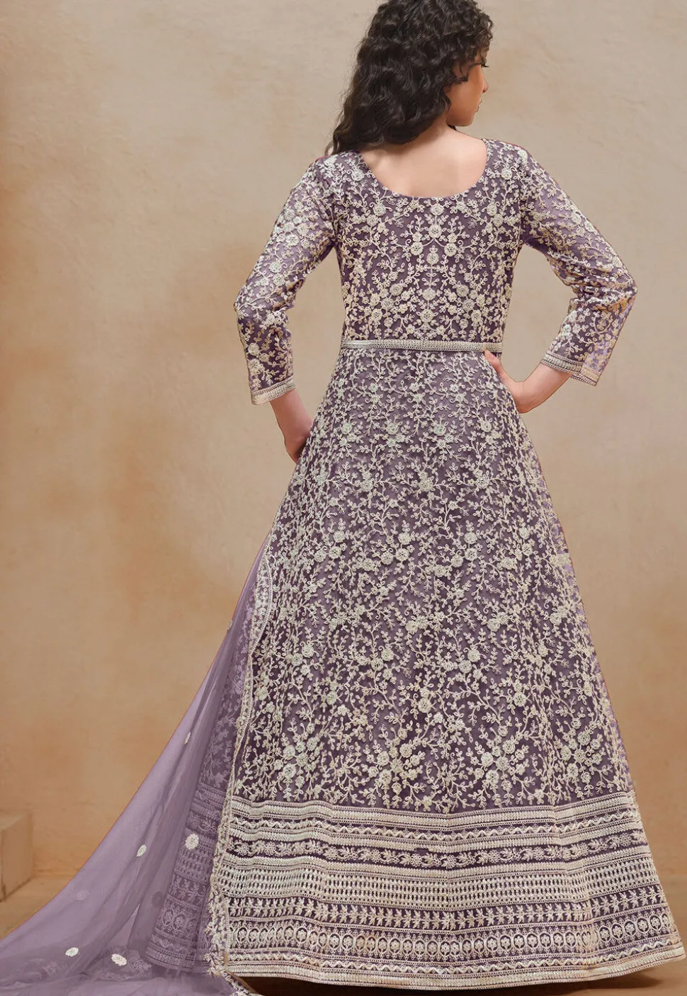 Embroidered Net Abaya Style Suit in Purple