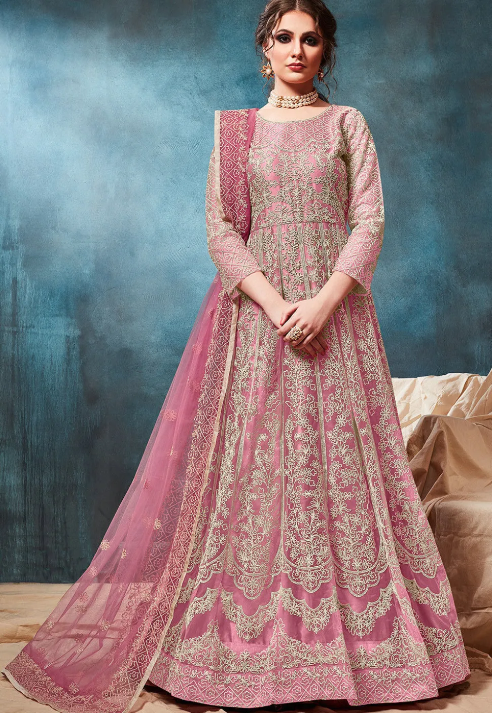 Embroidered Net Abaya Style Suit in Pink