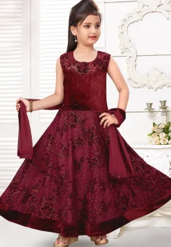 Embroidered Net Abaya Style Suit in Maroon