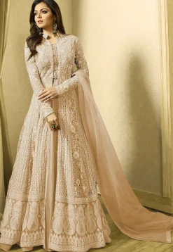 Embroidered Net Abaya Style Suit in Light Beige