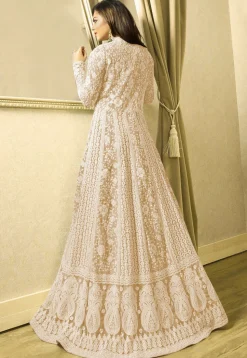 Embroidered Net Abaya Style Suit in Light Beige