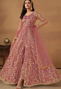 Embroidered Net Abaya Style Suit in Pink