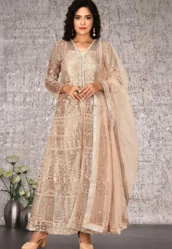 Embroidered Net Abaya Style Suit in Beige