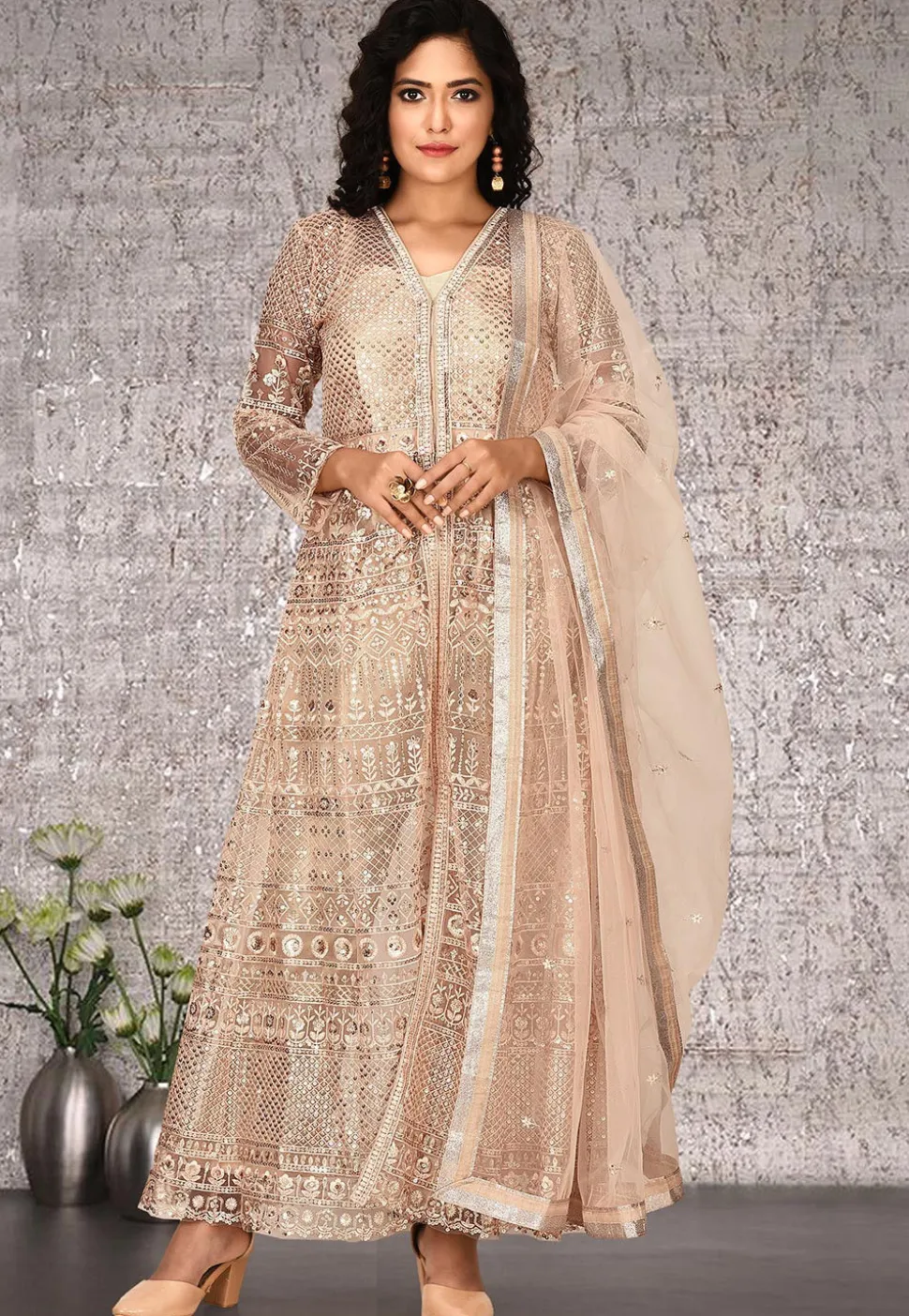 Embroidered Net Abaya Style Suit in Beige