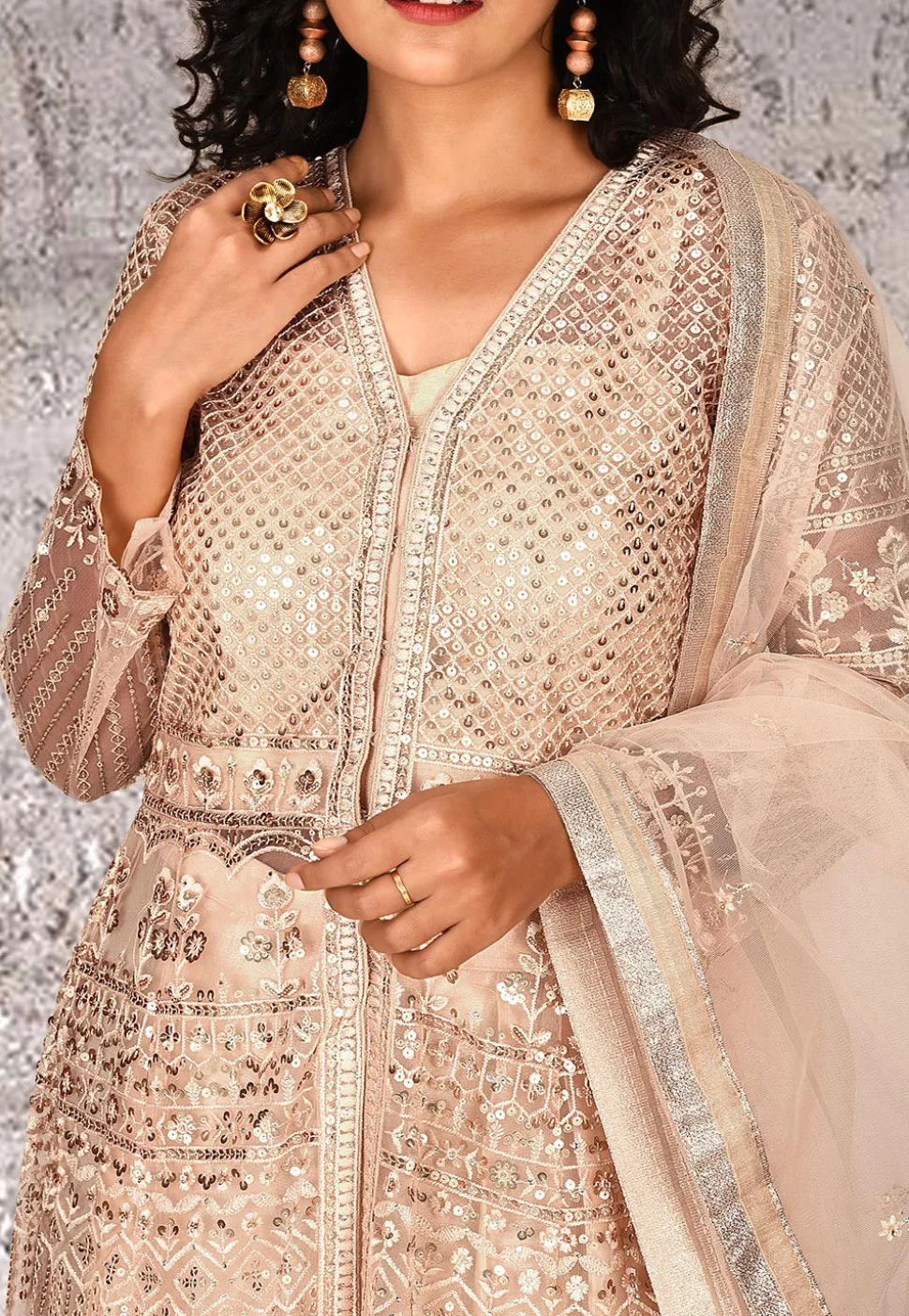 Embroidered Net Abaya Style Suit in Beige