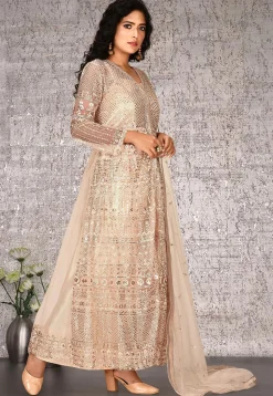 Embroidered Net Abaya Style Suit in Beige