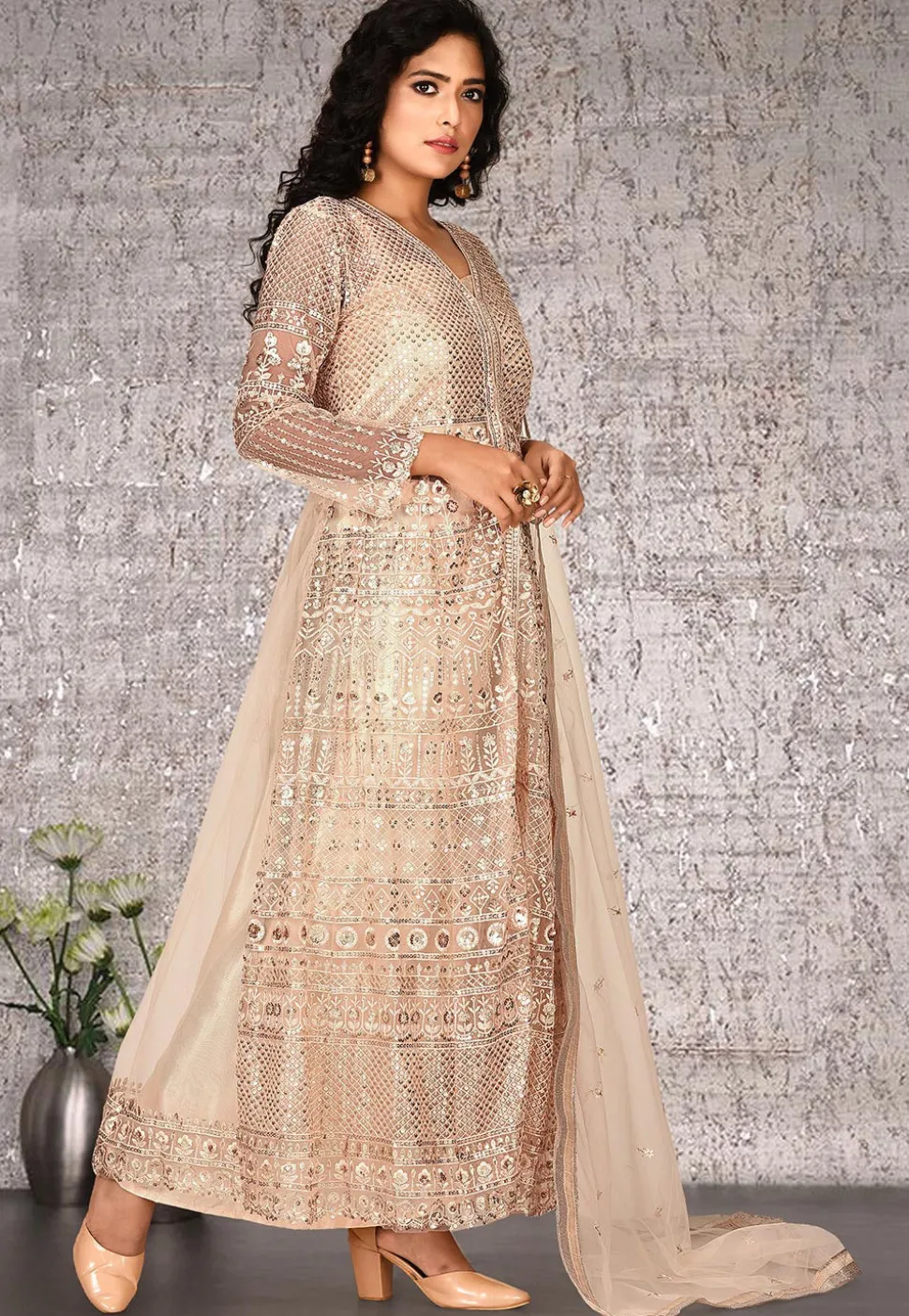 Embroidered Net Abaya Style Suit in Beige