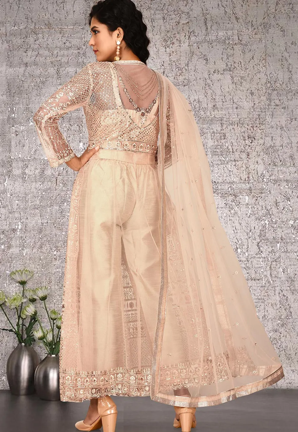 Embroidered Net Abaya Style Suit in Beige
