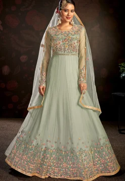 Embroidered Net Abaya Style Suit in Sea Green