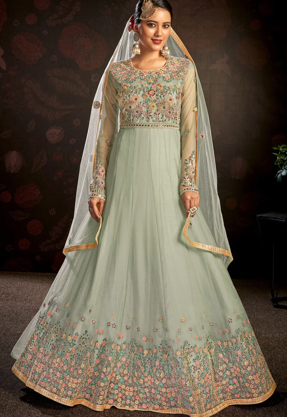 Embroidered Net Abaya Style Suit in Sea Green