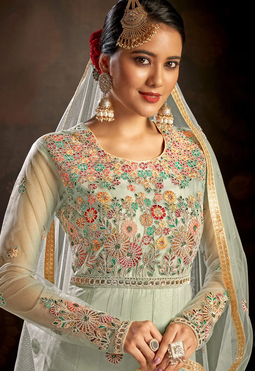 Embroidered Net Abaya Style Suit in Sea Green