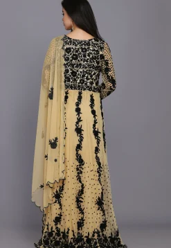 Embroidered Net Abaya Style Suit in Beige