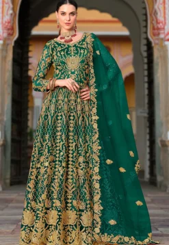 Embroidered Net Abaya Style Suit in Green