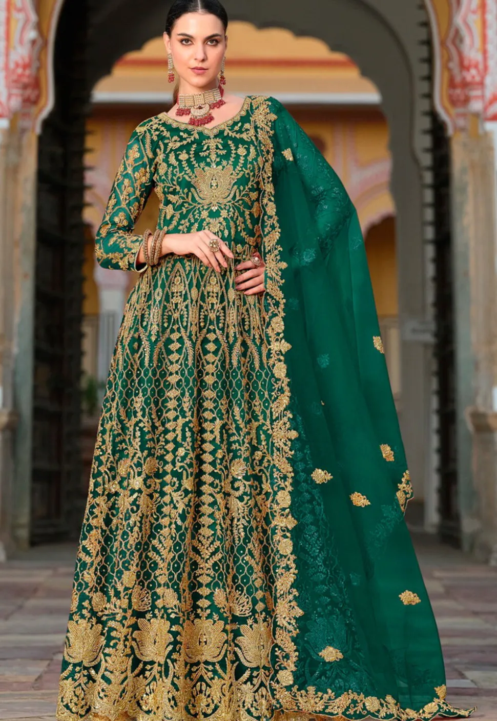 Embroidered Net Abaya Style Suit in Green