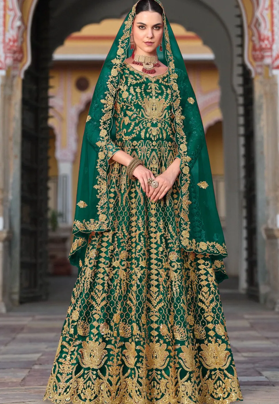Embroidered Net Abaya Style Suit in Green