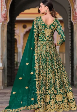 Embroidered Net Abaya Style Suit in Green