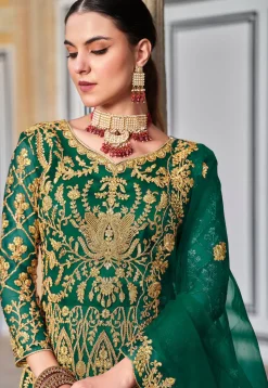Embroidered Net Abaya Style Suit in Green