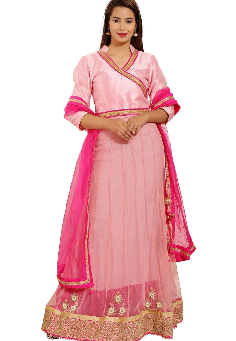 Embroidered Net Abaya Style Suit in Pink