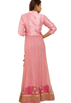 Embroidered Net Abaya Style Suit in Pink