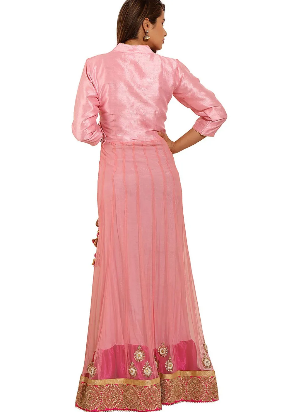 Embroidered Net Abaya Style Suit in Pink