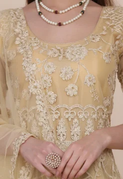 Embroidered Net Abaya Style Suit in Beige