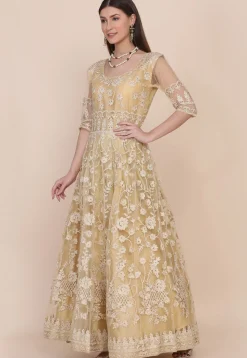 Embroidered Net Abaya Style Suit in Beige