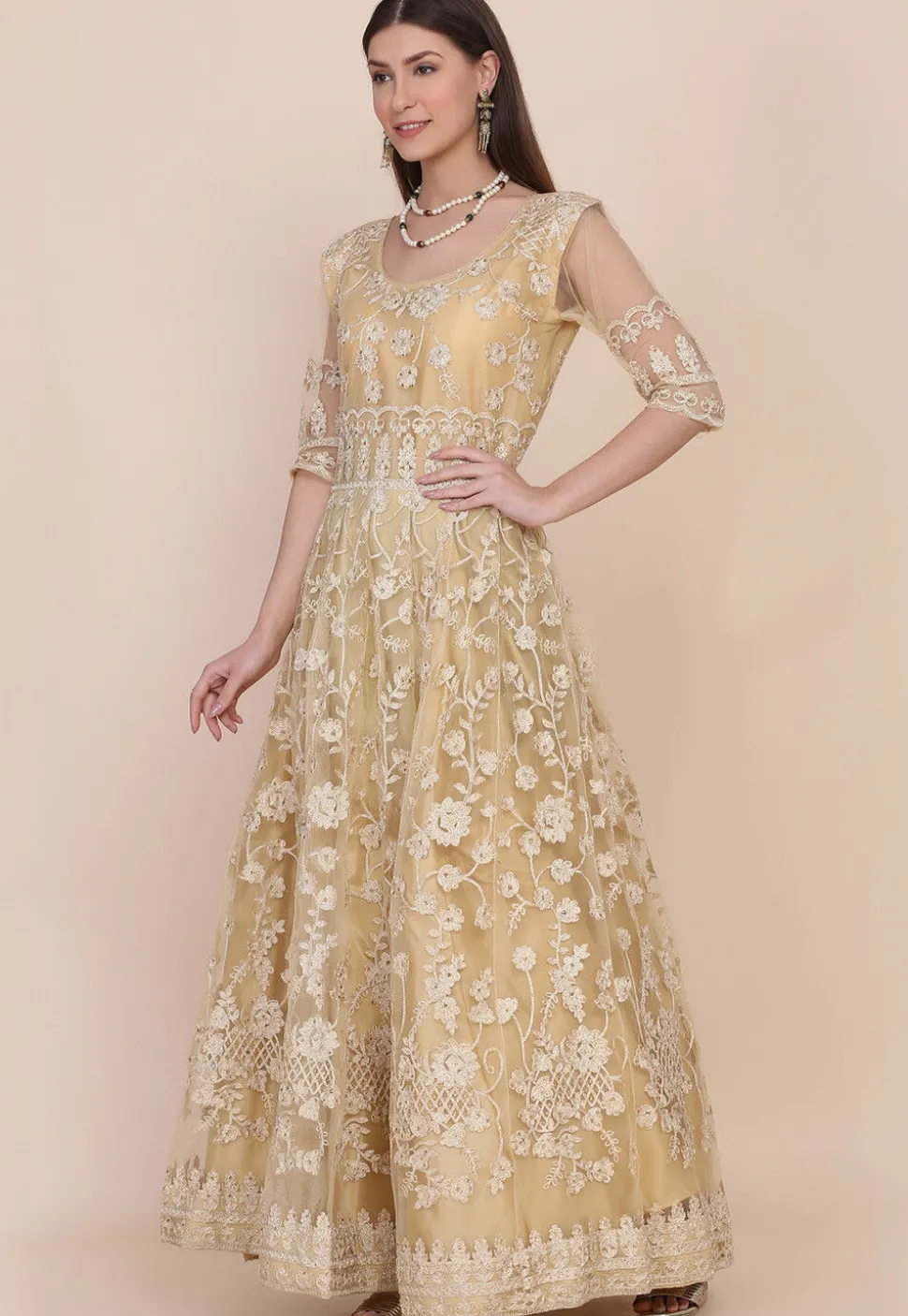 Embroidered Net Abaya Style Suit in Beige