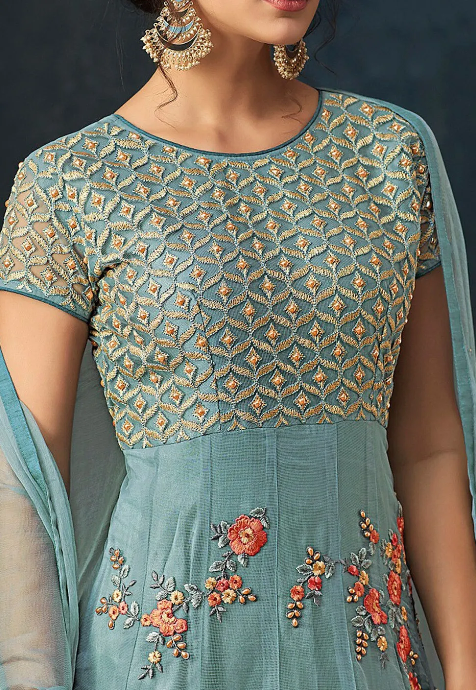 Embroidered Net Abaya Style Suit in Pastel Blue