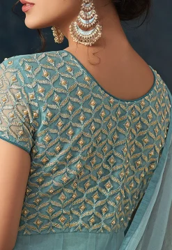 Embroidered Net Abaya Style Suit in Pastel Blue