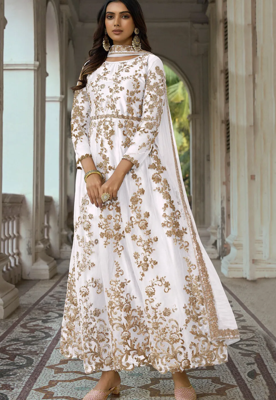 Embroidered Net Abaya Style Suit in Off White