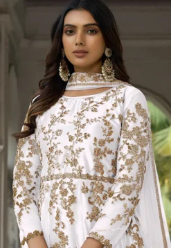 Embroidered Net Abaya Style Suit in Off White