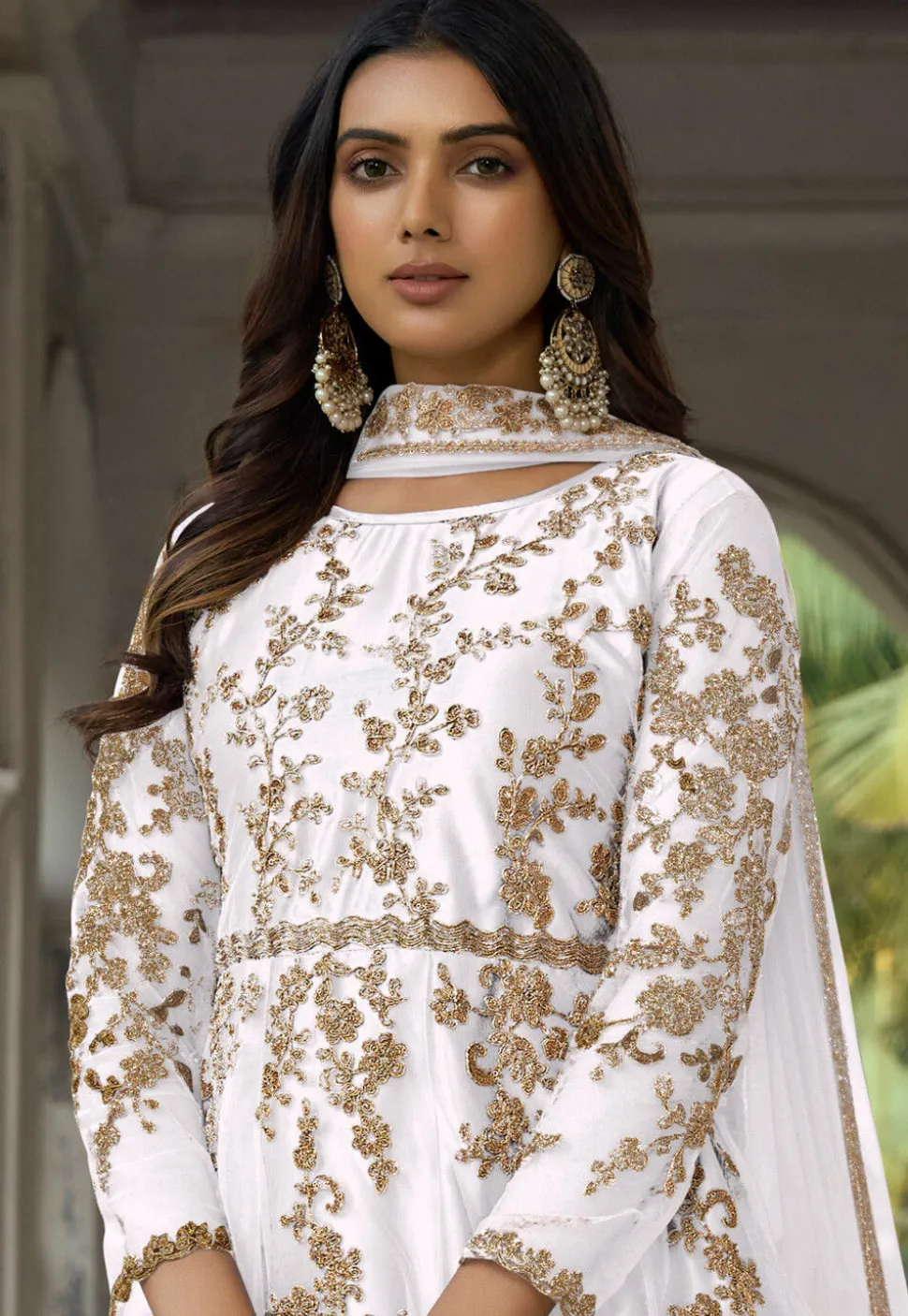 Embroidered Net Abaya Style Suit in Off White