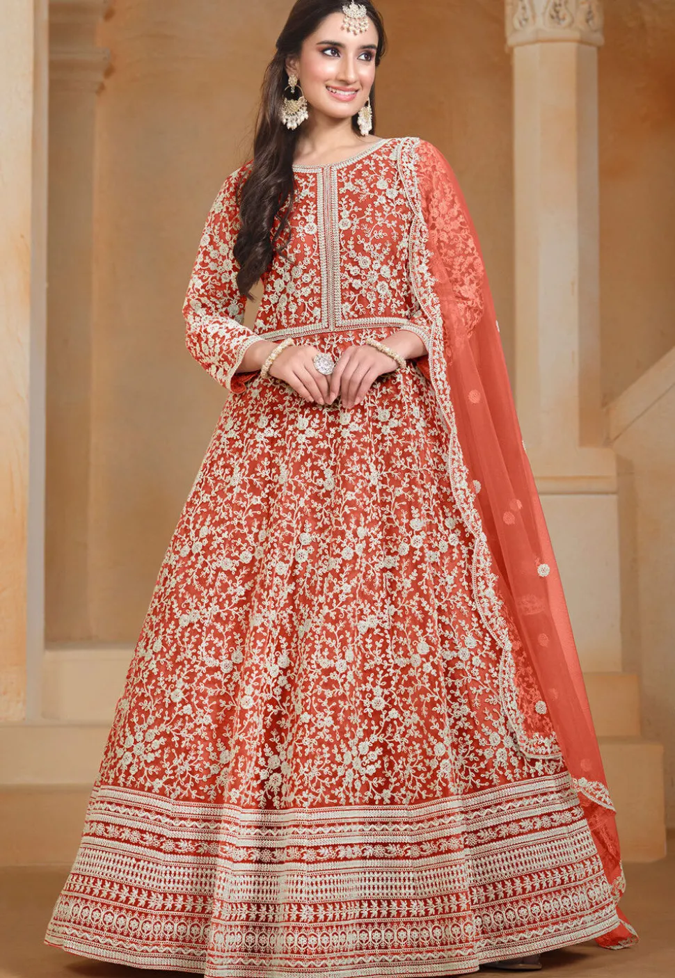 Embroidered Net Abaya Style Suit in Orange