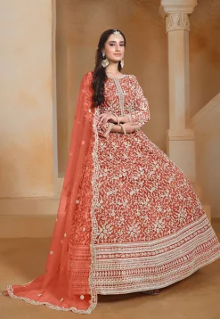 Embroidered Net Abaya Style Suit in Orange