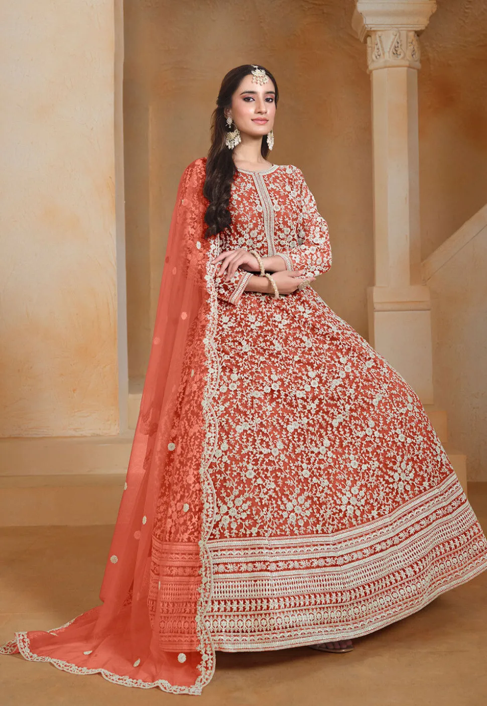 Embroidered Net Abaya Style Suit in Orange