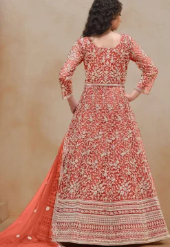 Embroidered Net Abaya Style Suit in Orange