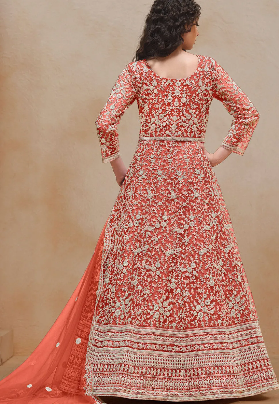 Embroidered Net Abaya Style Suit in Orange