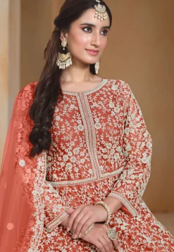 Embroidered Net Abaya Style Suit in Orange