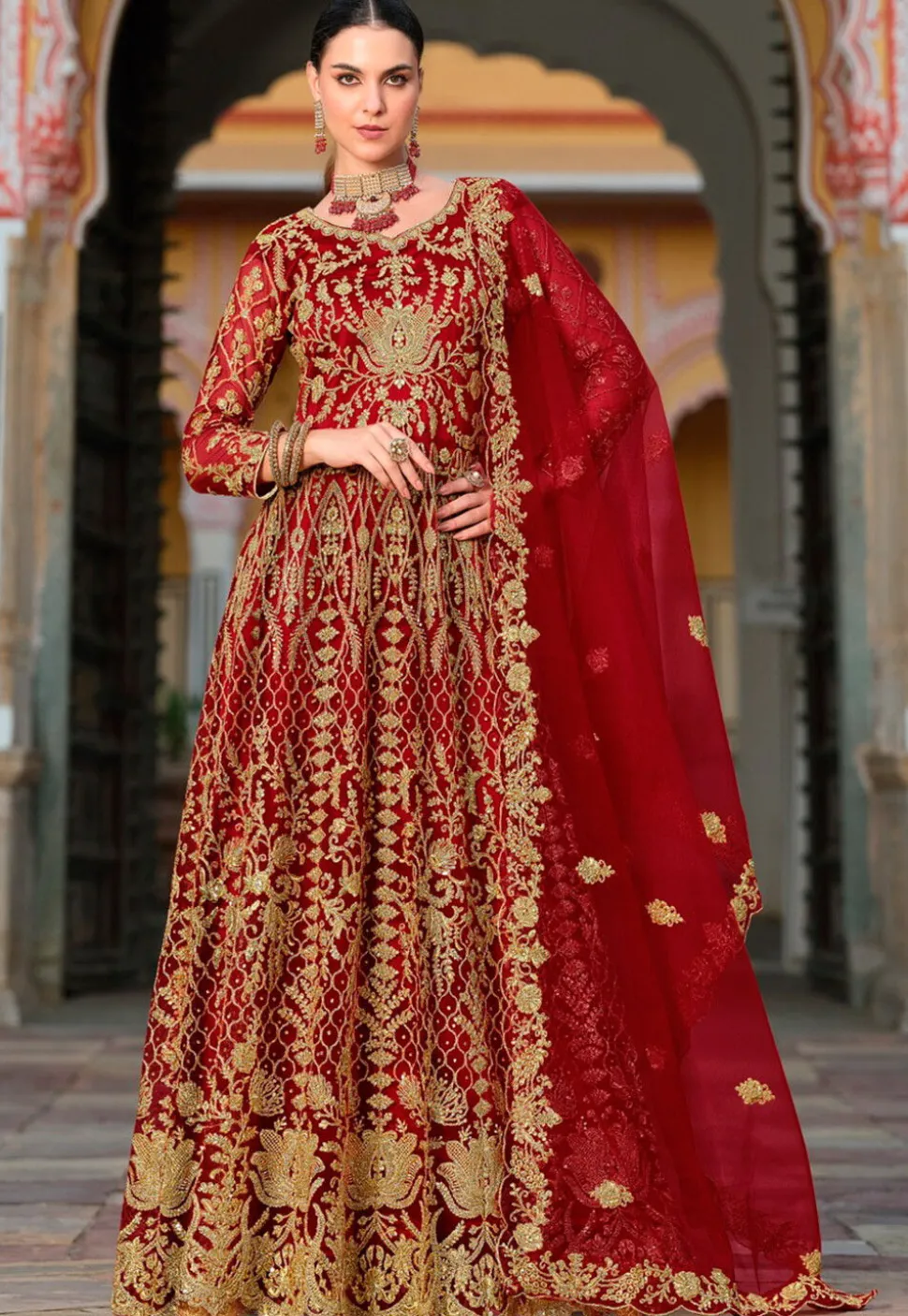 Embroidered Net Abaya Style Suit in Red