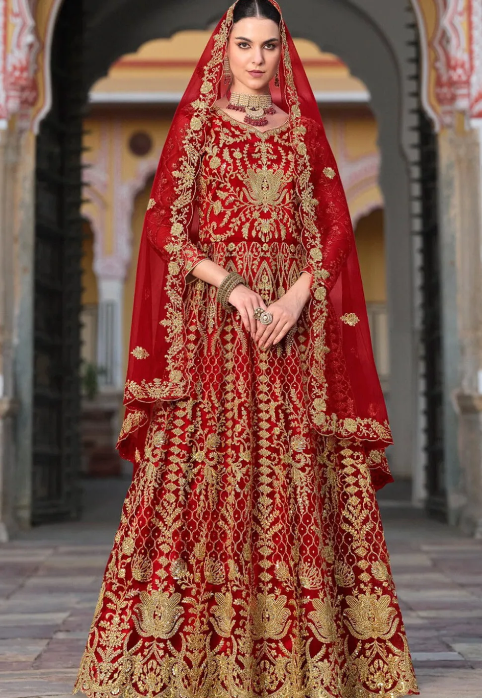 Embroidered Net Abaya Style Suit in Red